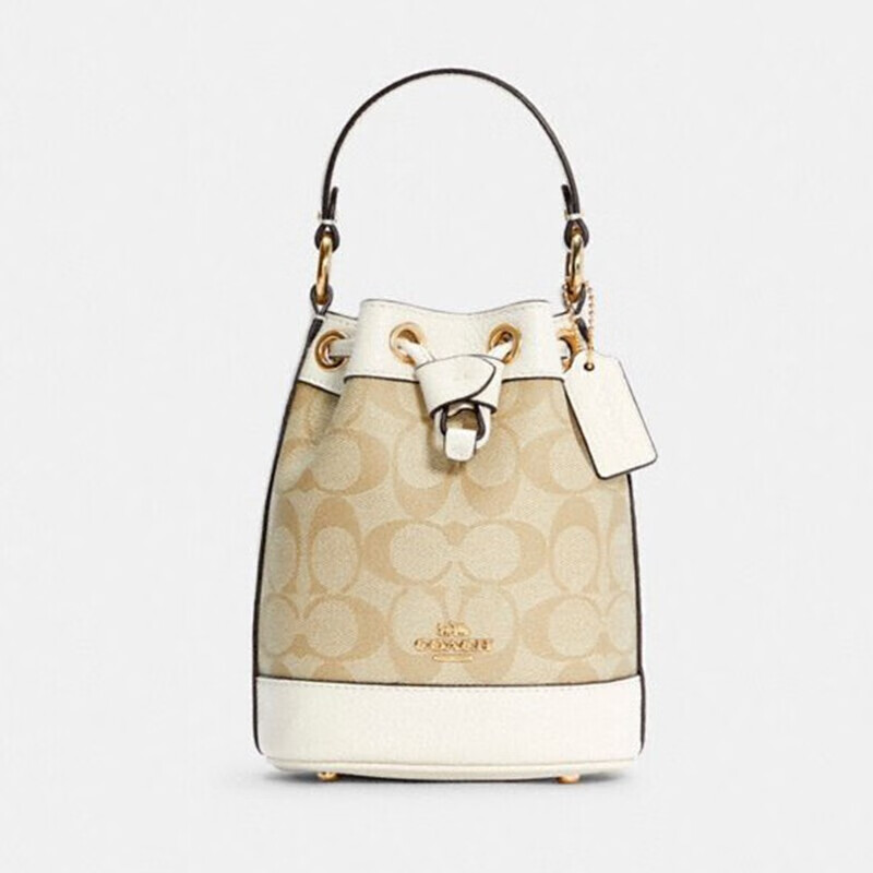 蔻驰  女士dempsey系列小号手提单肩水桶包卡其白色pvc配皮 卡其白色