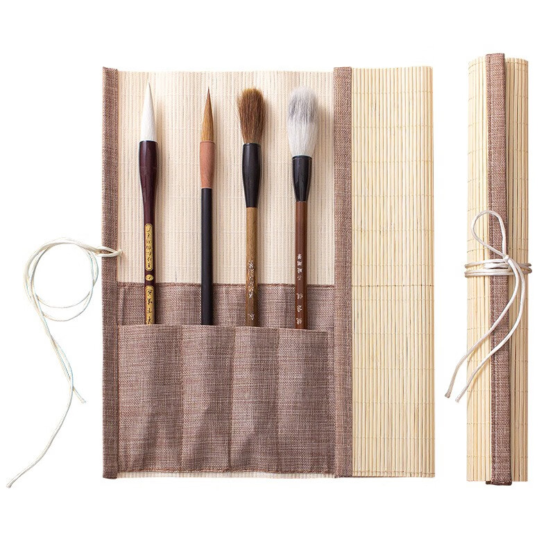 文房四宝竹制笔帘便携式带布袋【毛笔收纳卷笔袋】 单个带口袋笔 带