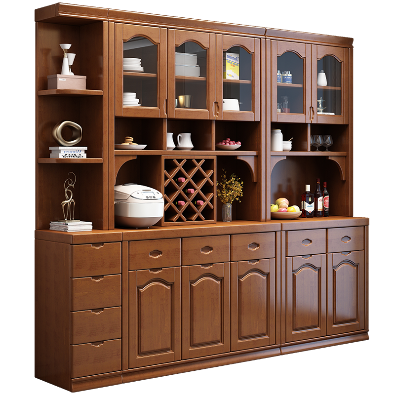 卡洛森餐边柜中式实木餐厅茶水柜多功能厨房收纳柜储物柜微波炉碗柜 胡桃色 四门1.64米
