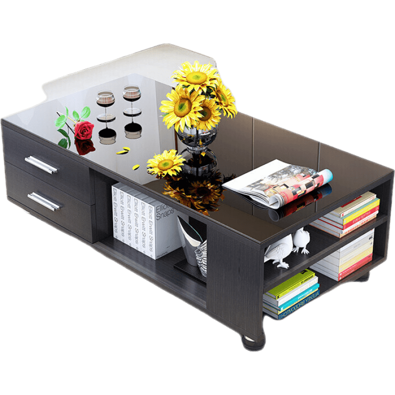 现代简约茶几小户型客厅家用钢化玻璃茶桌简易桌子轻奢创意茶几桌 黑胡桃黑抽黑玻 组装