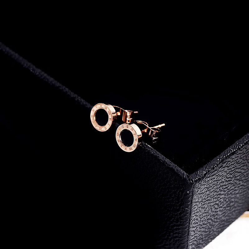 黑色罗马耳钉女韩国气质百搭耳环钛钢镀时尚个性耳扣 玫瑰金色（黑色）