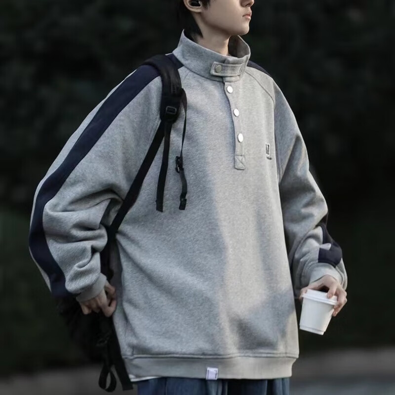 乔骏晟春秋季卫衣男韩版潮流百搭懒散风宽松拼接立领帅气纽扣情侣装