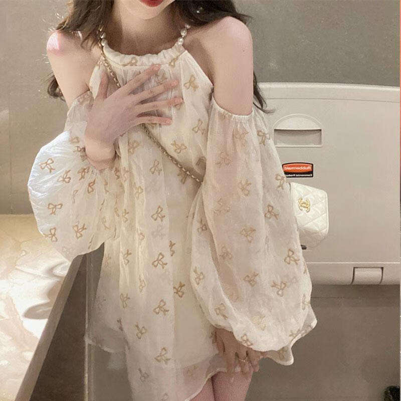 沐悠羽迪士尼穿搭小個子連衣裙2023年春季茶歇法式露肩掛脖在逃公主短裙 奶白色連衣裙 XL