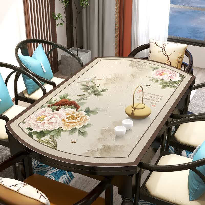 中式皮革桌垫椭圆形餐桌布可折叠防水防油免洗防烫弧形台面 富贵显荣