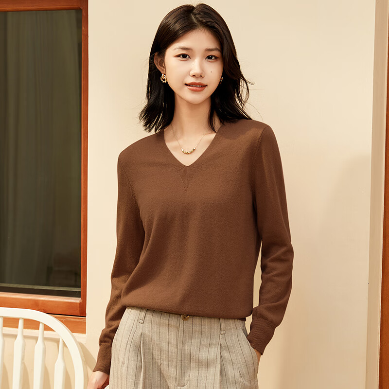 恒源祥基础款羊毛衫女装秋季纯色针织衫内搭打底衫保暖女毛衣百搭慵懒风 御美式 M /165/88A