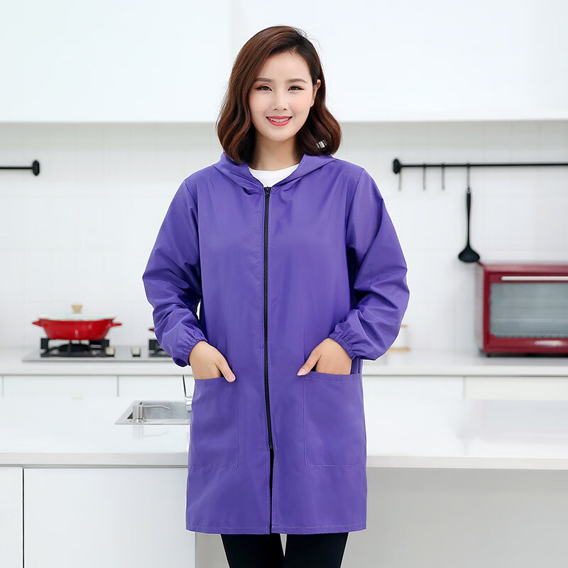 麦可辰手套/鞋套/围裙 防水防油长袖女围裙罩衣大人家用厨房时尚做饭上 紫色XL(80-110斤)
