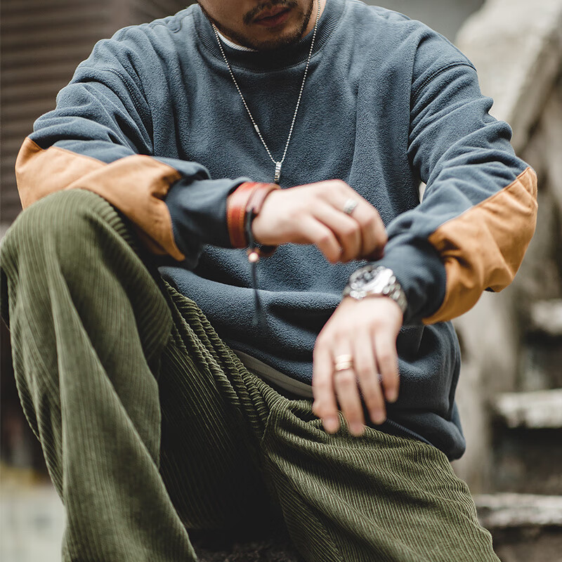 马登工装 美式复古摇粒绒圆领卫衣拼接ins抓绒长袖上衣外套男 烟灰色 L