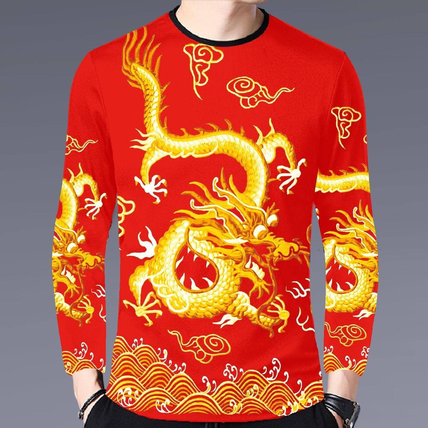 上衣服男潮流长袖t恤男生衣服潮流帅气社会人网红打底衫 长袖红中国龙