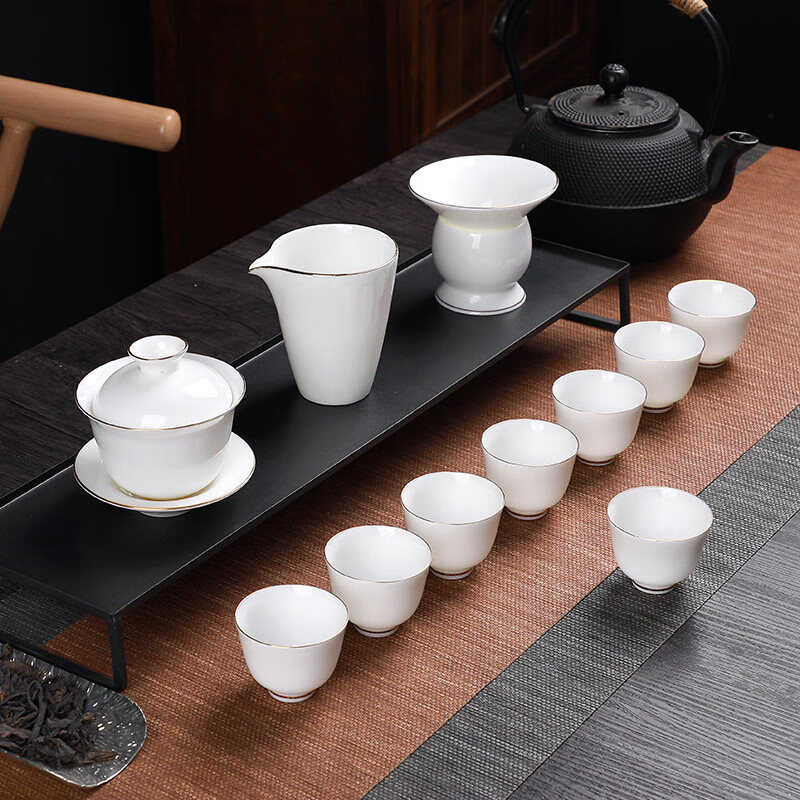 羊脂玉瓷功夫茶具套装家用日式整套简约白瓷泡茶盖碗茶壶茶杯陶瓷 羊脂玉瓷-描金(不含礼盒) 14件