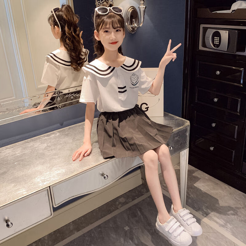 岁夏装中童学院风百搭短款百褶裙洋气短袖小女孩中大童时尚舒适两件套