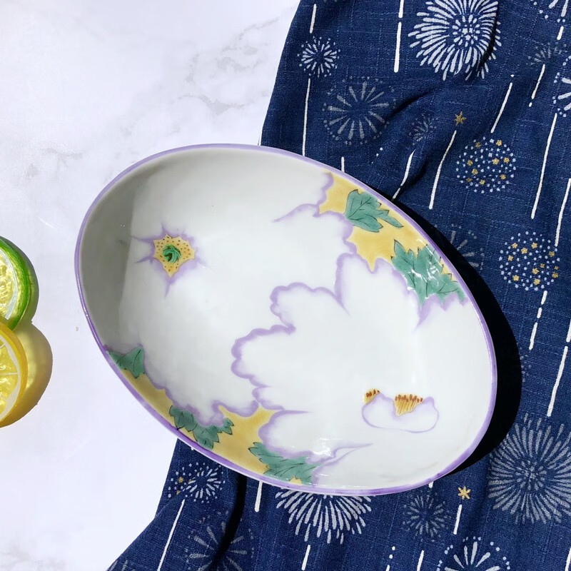 北野工坊日式陶瓷餐具作家手绘牡丹图盘子椭形浅鉢水果盘沙拉盘 椭圆