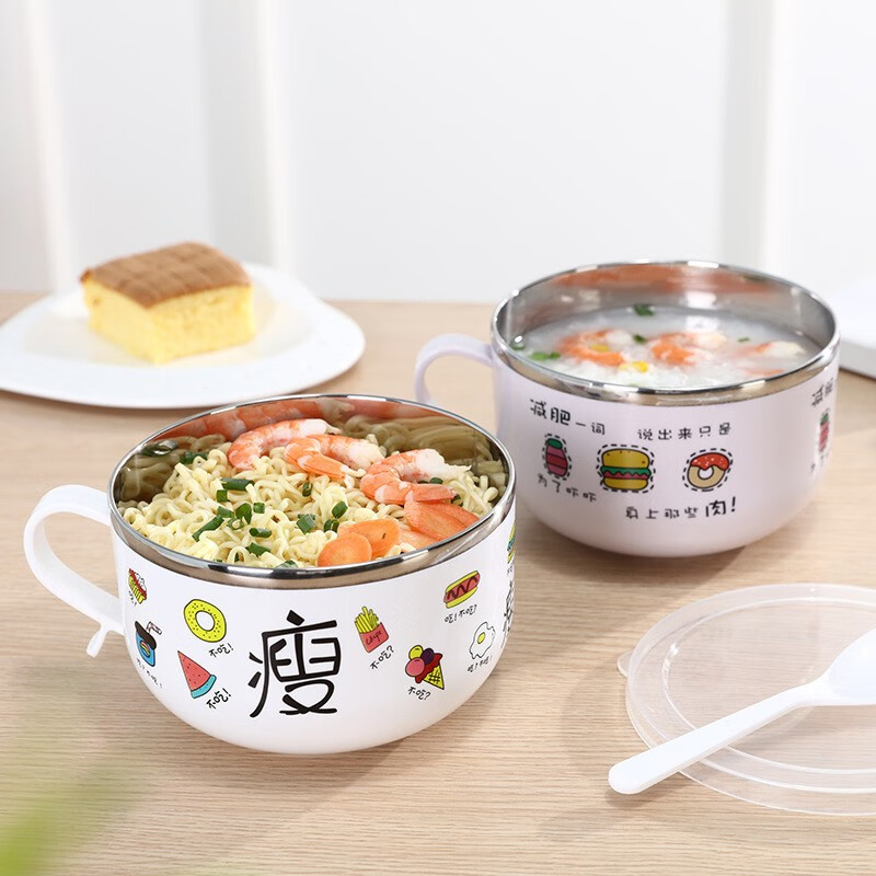不锈钢韩式泡面碗卡通图案带盖餐盒保鲜圆形大容量饭盒 随机色-带盖带勺