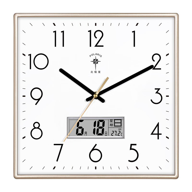 北极星（POLARIS）挂钟客厅钟表静音简约创意电子现代方形万年历石英时钟 14英寸香槟金日历款（边长30.2厘米）