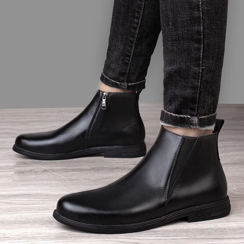 落脚潮牌子男鞋秋冬季新款男士切尔西靴头层牛皮高帮商务休闲皮靴加绒