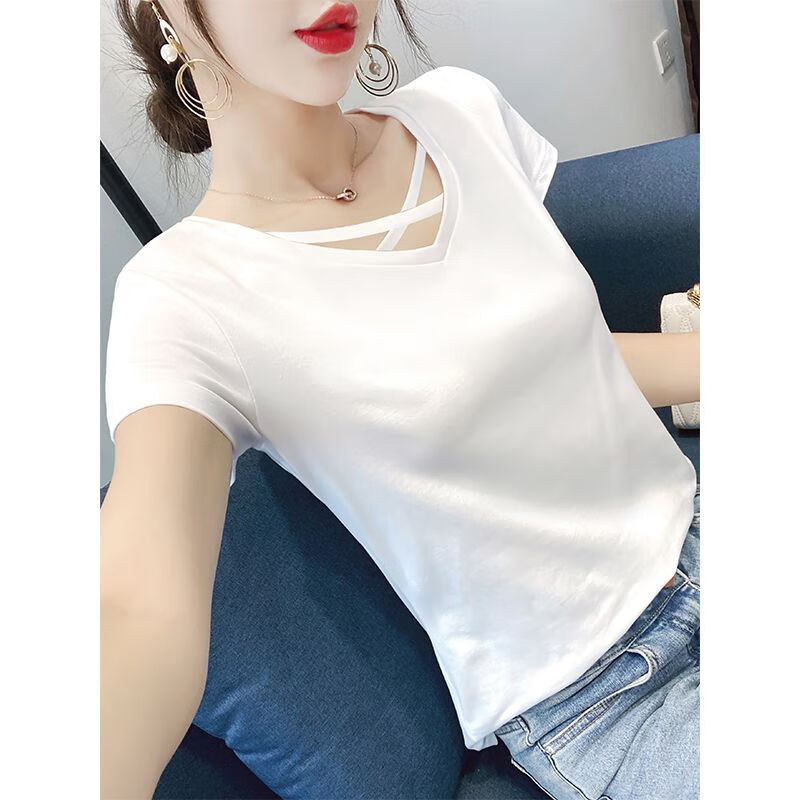 向晓西夏天莫代尔半袖紧身短t女夏季白色t恤女短袖v领交叉修身纯棉