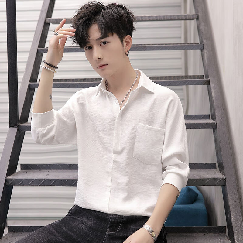 楠语秋(nanyuqiu)男七分袖套头衬衫松紧收腰 夏夏季韩版潮流时尚修身