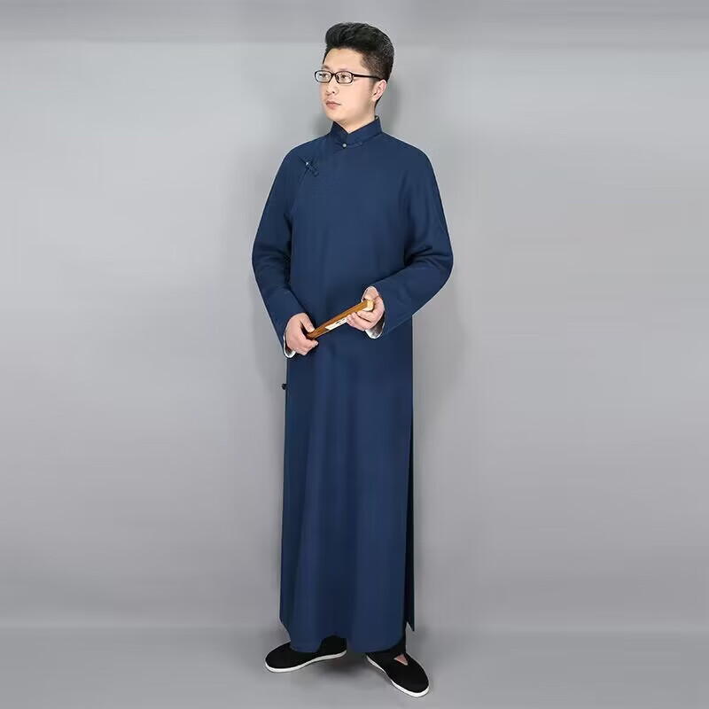 长衫男民国风马褂棉麻中国风斜襟唐装大褂袍子复古中式男装长袍 藏青