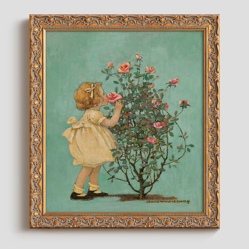 rart 法式复古vintage装饰画美式乡村餐厅儿童房卧室壁挂画玫瑰花女孩