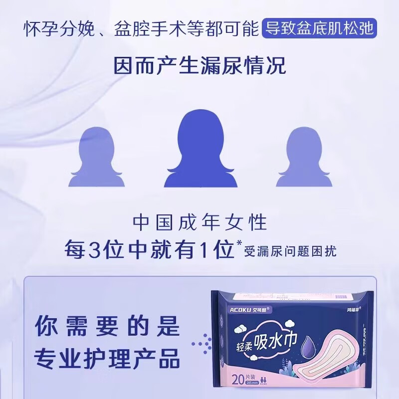 鸿福祥艾可酷女性吸水巾成人漏尿护垫孕产妇漏尿卫生巾女老人尿片轻失禁 245MM20片