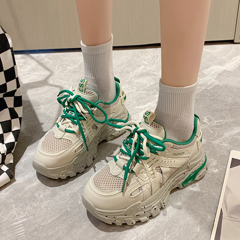 dx&yibaa双鞋带绿色老爹鞋女2022春秋季新款厚底紫色小白鞋跑步休闲