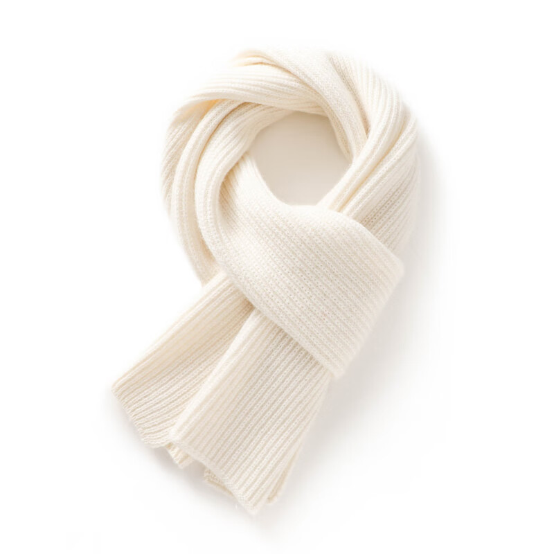 casere羊绒围巾纯山羊绒中性男女同款坑条围巾保暖针织小围脖 白色