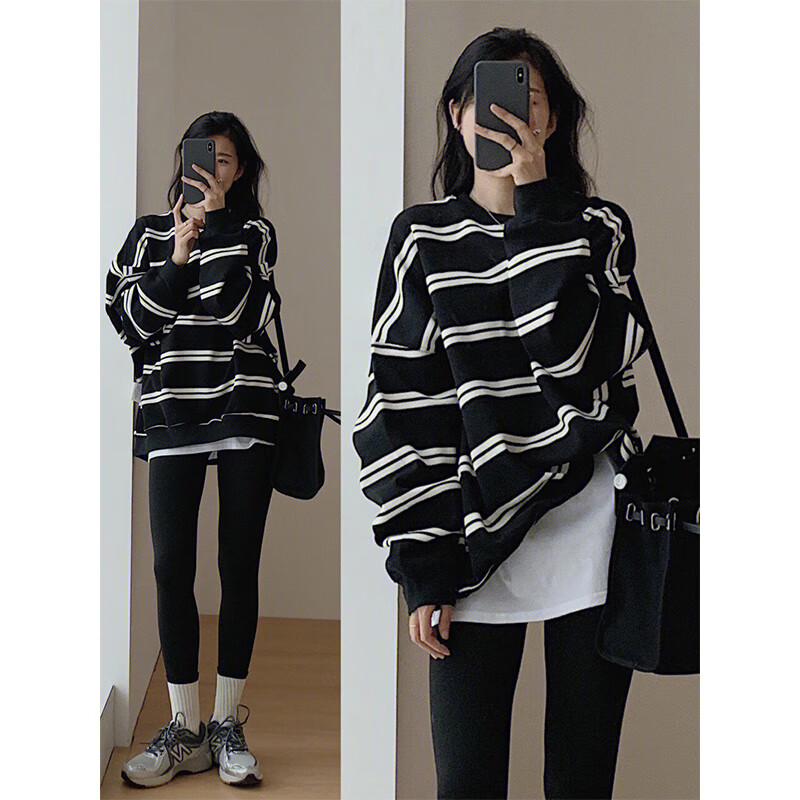 秀丝路搭配鲨鱼裤的上衣长款卫衣女遮臀时尚中条纹加绒加厚冬季圆领落