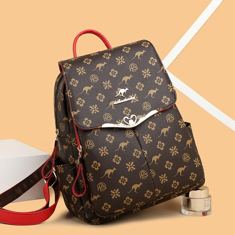 玫瑰袋鼠品牌轻奢双肩包女真皮2024新款时尚防盗牛皮背包大妈妈旅行包软皮 棕配棕【礼盒装+手包卡包】