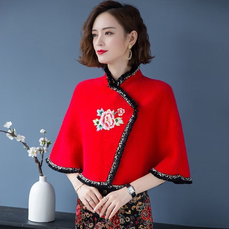 新品旗袍披肩女春秋冬新款外搭开衫女外套民族婚礼斗篷披风半月如京