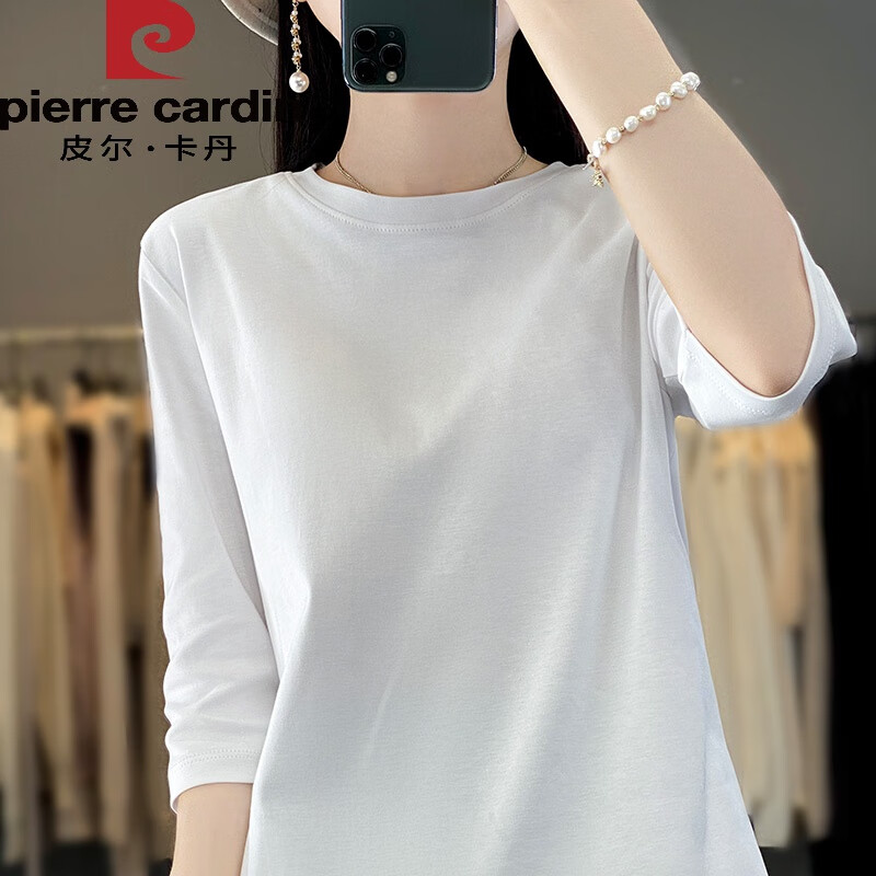 丝光棉t恤女七分袖棉白色春季欧货宽松中袖圆领上衣半袖打底衫 月牙白