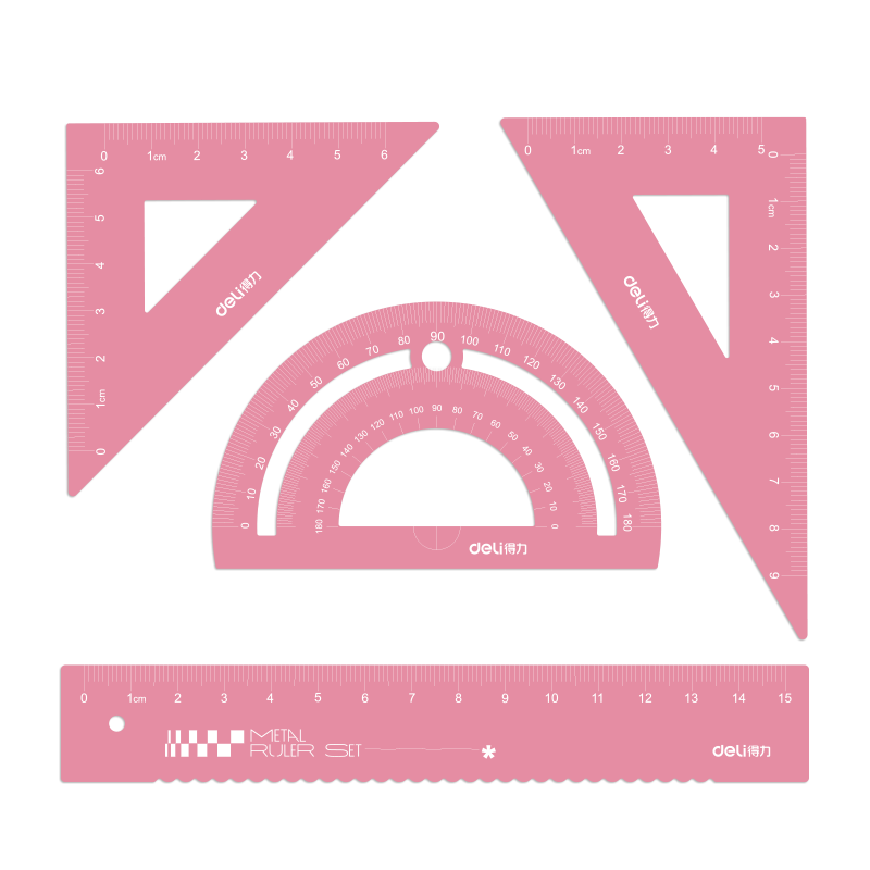 得力(deli)金属考试绘图套尺(直尺+三角尺*2+量角器) 中考高考文具 小学生尺子套装 粉色 尺子