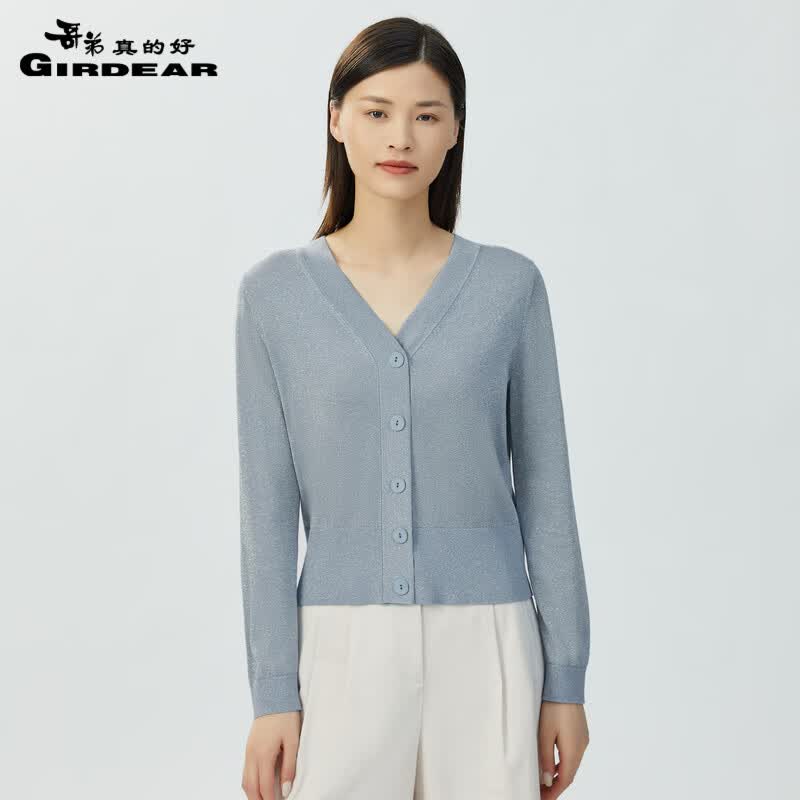 哥弟真的好女装简约百搭V领莱赛尔三醋酸葱纱针织开衫女A400713 灰蓝 L(4码)怎么看?