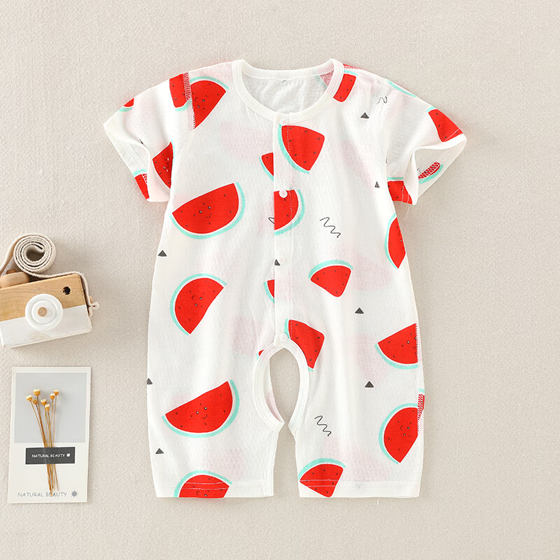 婴儿半袖连体衣夏季薄款短袖纯棉男宝宝哈衣幼儿外出可爱爬服 西瓜 73