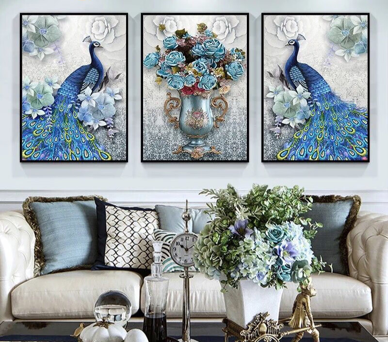质感孔雀壁画装饰画布纹北欧三联挂画