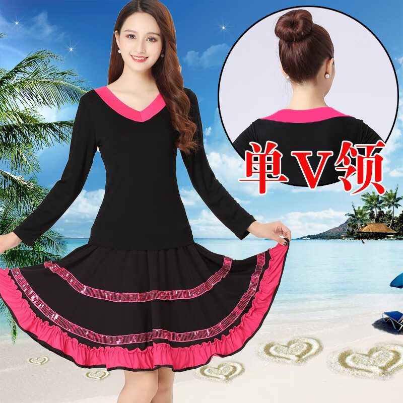 新款夏季廣場(chǎng)舞服裝套裝長(zhǎng)袖短裙子舞蹈服裝演出服跳舞服裝女 黑玫單V領(lǐng)長(zhǎng)袖上衣+玫紅色綢帶裙 L