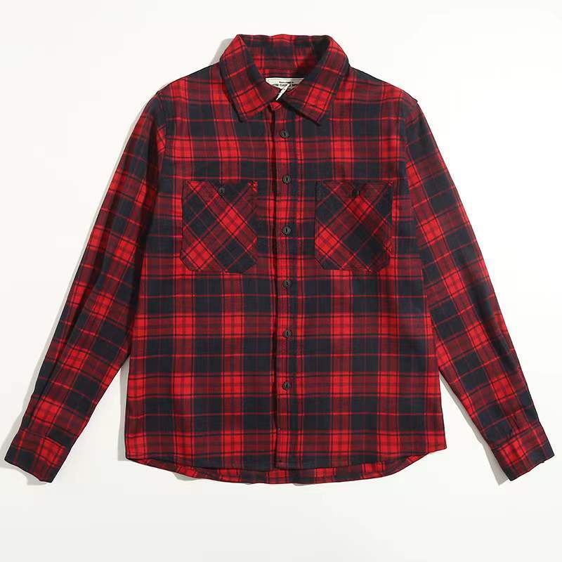 褐舟英伦雅痞风衬衫男秋季重磅300g美式复古格子衬衣 潮 叽加厚双口袋