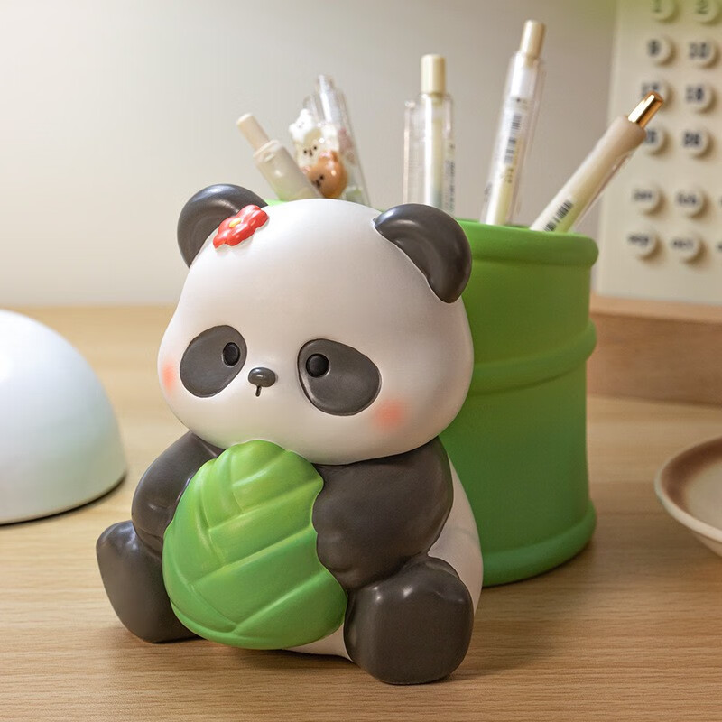木丁丁 创意熊猫笔筒摆件高颜值学生礼物办公桌面装饰收纳树脂工艺品 节节高升