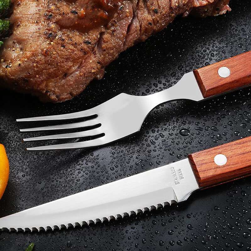 好评率:100%伊莎玛木柄不锈钢牛排刀叉家用西餐餐具刀叉勺套装 黑胶