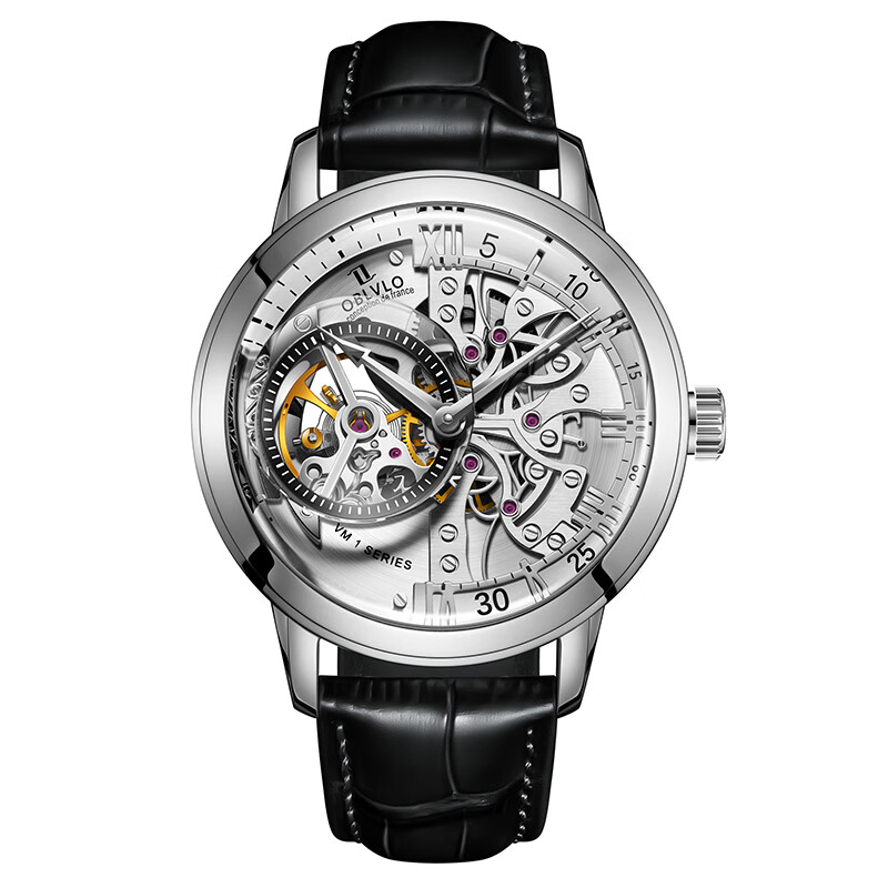 欧宝罗（OBLVLO）法国OBL全自动镂空机械表男十大品牌镂空手表运动复古男士 白壳白面黑带
