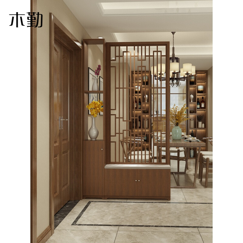新中式进门隔断屏风客厅餐厅实木玄关隔断柜现代花格镂空屏风鞋柜