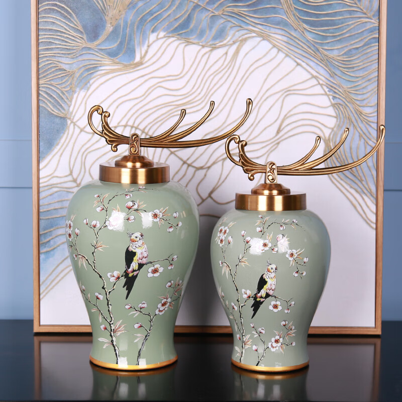 忆往昔美式乡村陶瓷小鸟彩绘储物罐欧式样板间客厅电视柜工艺品家居