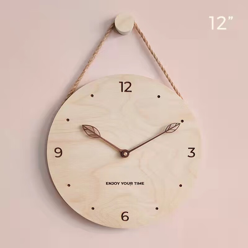 WEESHI北欧实木挂钟客厅个性创意日式现代简约无框静音原木质时钟表 树叶指针（带刻度） 12英寸(30厘米)