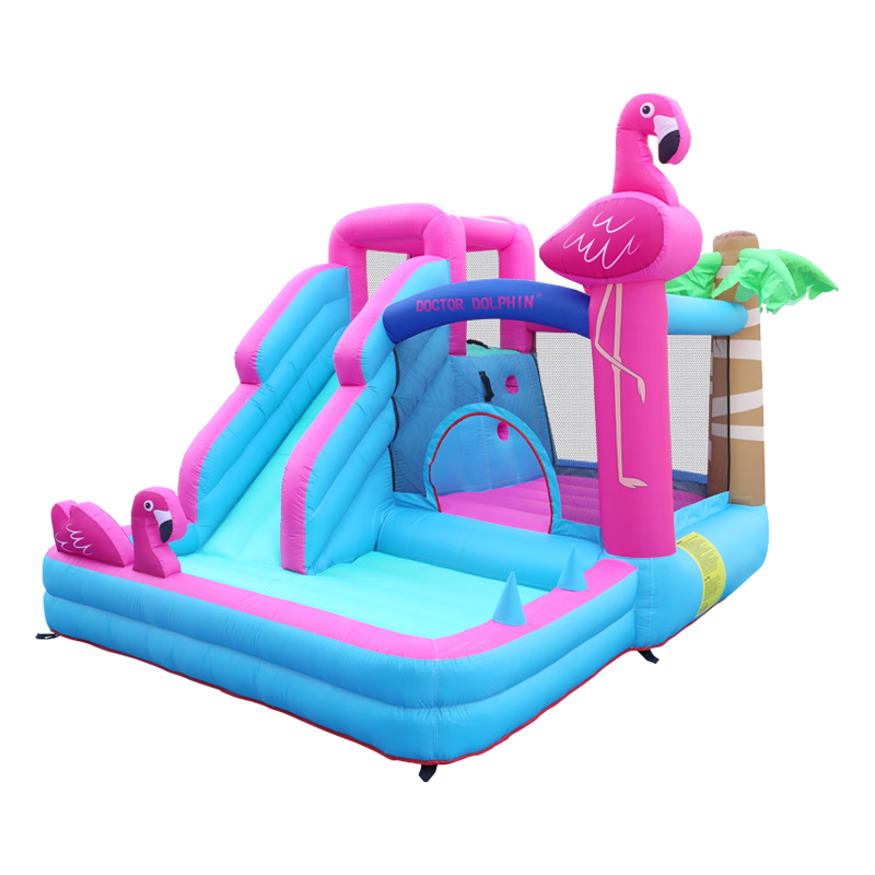 博士豚充氣城堡家庭版蹦蹦床小型兒童室內(nèi)充氣跳床滑梯游樂園帶娃神器 72044-火烈鳥-雙氣墊款