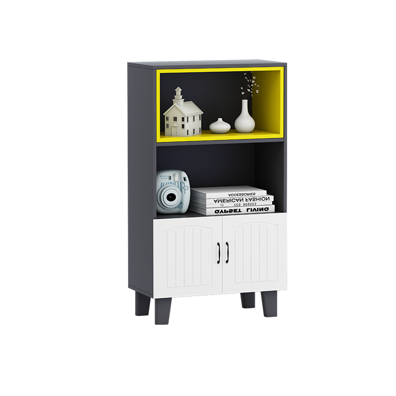 木以成居 书架落地 带门简约轻奢客厅卧室阳台办公木质三层放书架子 灰色+黄内框 60*30*107 LY-425203GY