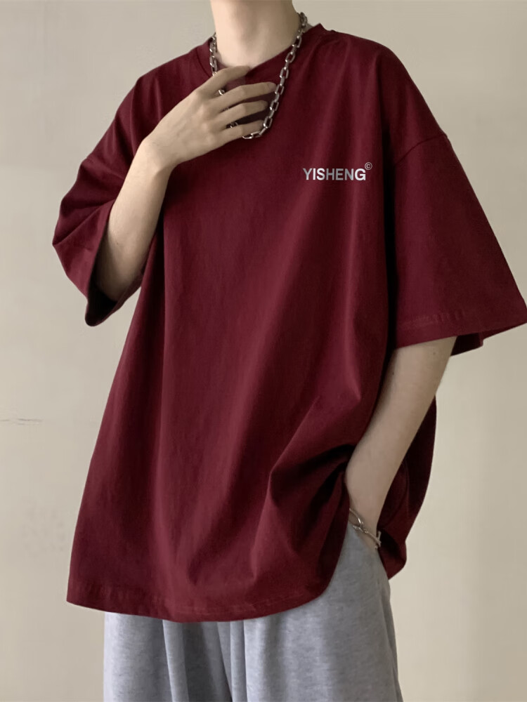 t恤男衣服春季重磅潮牌简约高街宽松百搭休闲学生潮流半截袖 酒红色
