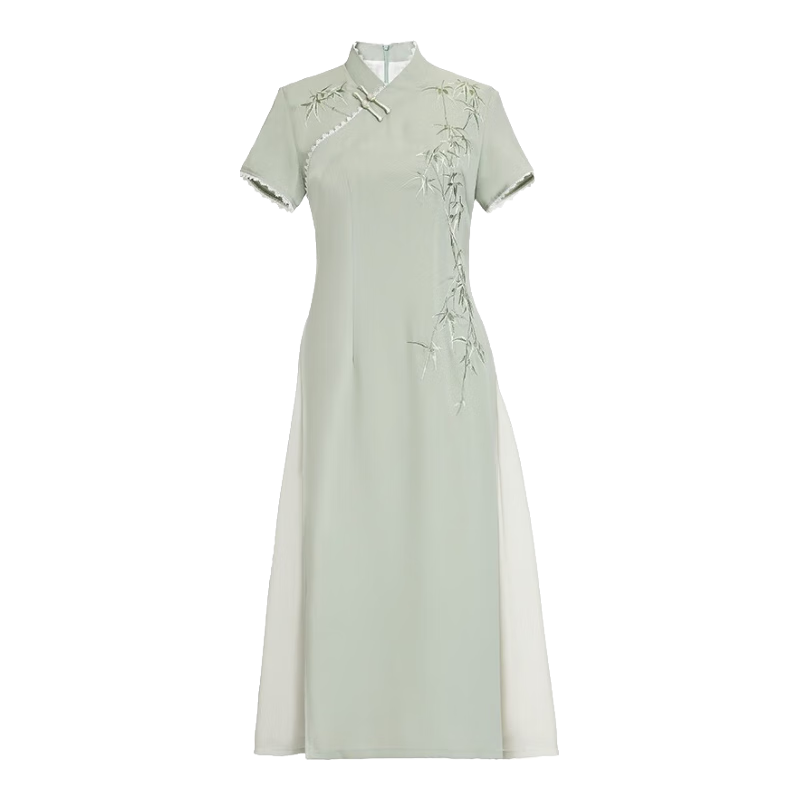 秀觀唐碧竹新中式國風(fēng)夏季新款日常開領(lǐng)繡花新中式改良奧黛風(fēng)旗袍連衣裙 綠色 M