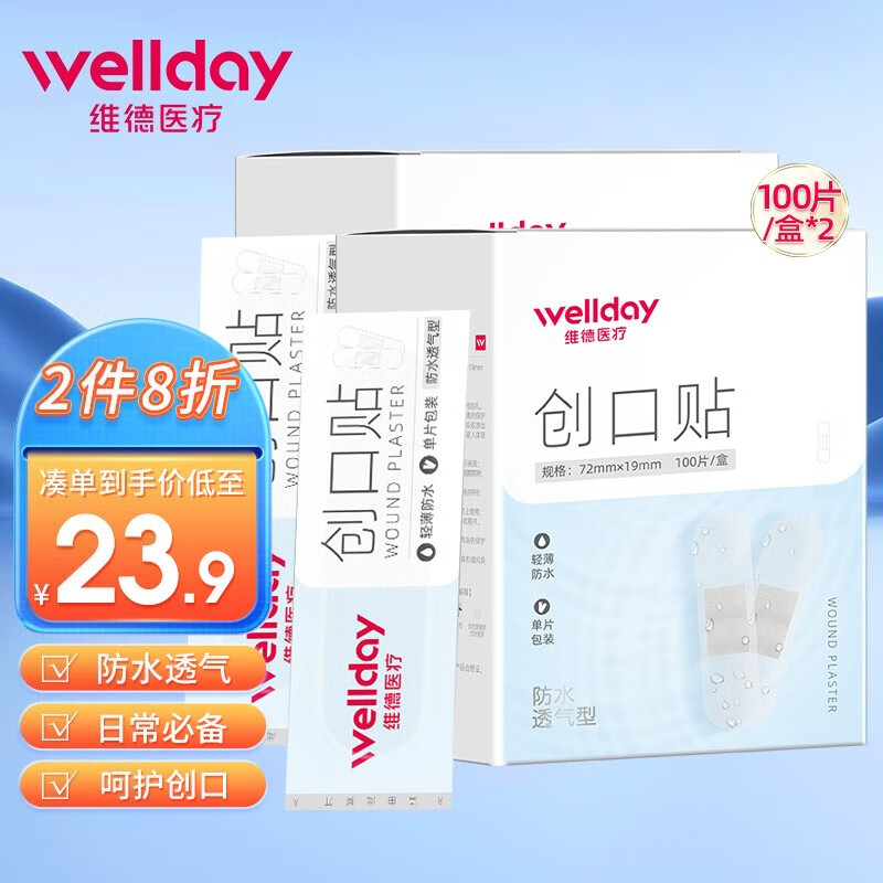 维德创可贴防水透气创口贴女少女可爱止血贴透明家儿童100片 防水透气型【2盒/200片】