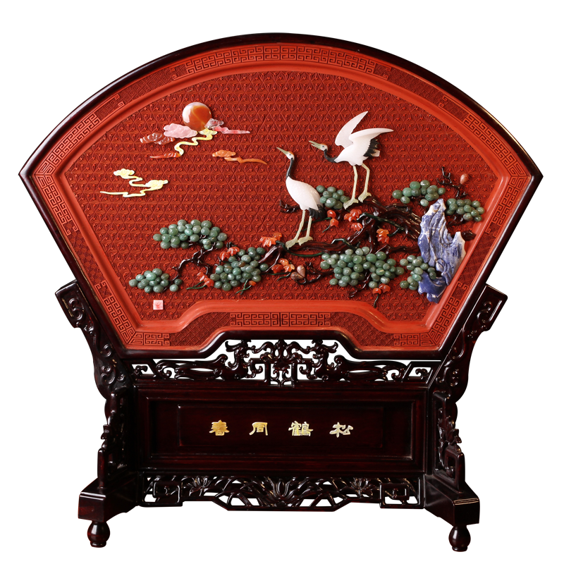 漆花（qihua）揚州漆器廠(chǎng)手工雕漆鑲嵌臺屏擺件插屏裝飾商務(wù)禮品送男士父親禮物 松鶴同春
