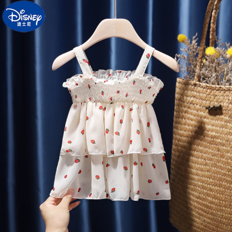迪士尼（Disney）童装2022新款儿童夏季外穿吊带宝宝洋气碎花花边背心女童雪纺上衣 白色 80码