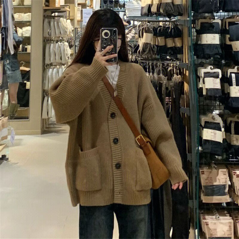 开胸针织衫女款女士开身毛衣学院风复古卡其色v领口袋毛衣 卡其色开衫