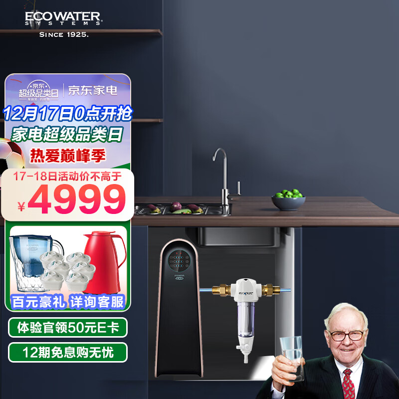 怡口净水（ECOWATER）净水器家用直饮厨房台下RO反渗透纯水机大流量省空间改善口感ERO265-3自营600G